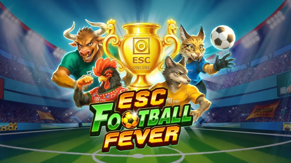 ESC Football Fever slot game interface na may stadium background