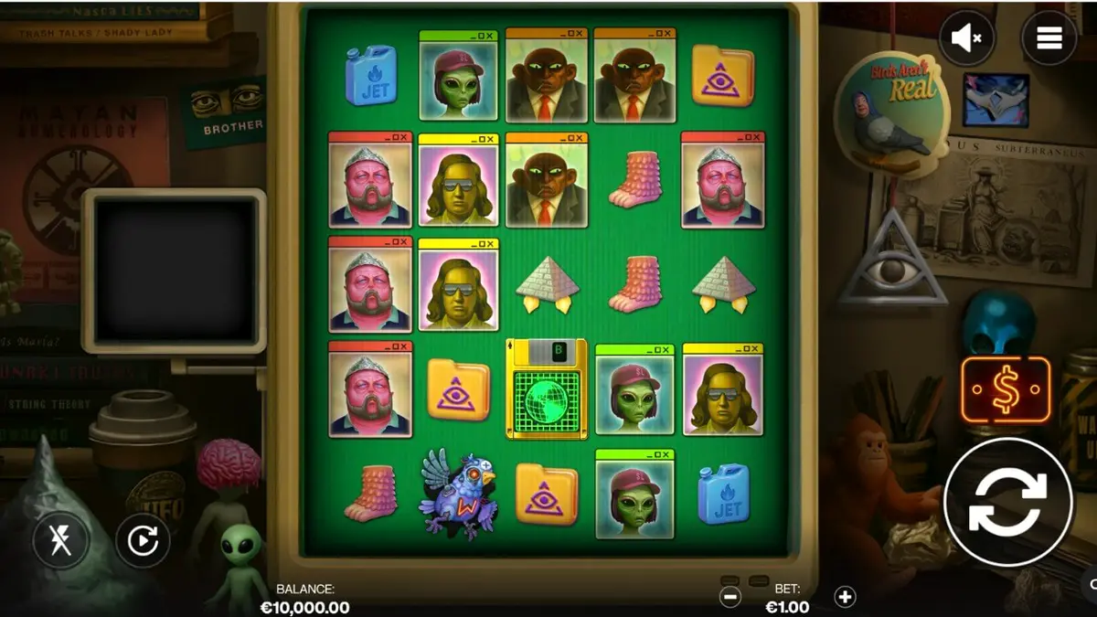 Isang retro-style na slot machine na may temang conspiracy at UFOs.